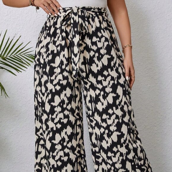. Pants - Black Preppy Womens Allover Print Belted Wide Leg Pants